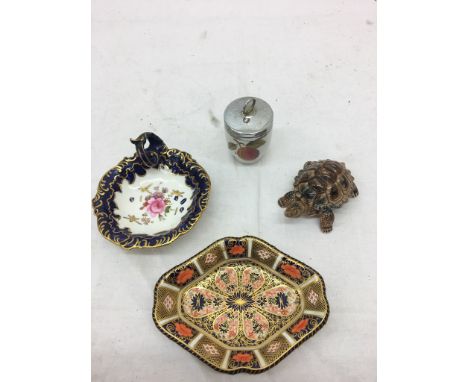 A Wade tortoise; together with two Royal Crown Derby dishes and a Royal Worcester item