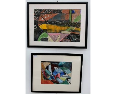 Two 20th century British School abstract studies in pastel/oil attributed to Peter Manzaroli (b 1938), largest 35 x 50 cm