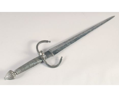 A LEFT HANDED DAGGER, 19th century, straight double edged blade, down turned, reeded quillons &amp; side ring, fluted iron po
