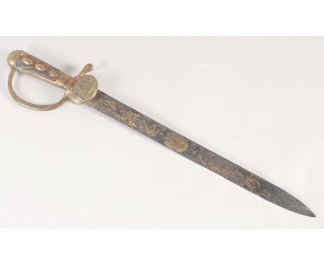 A GERMAN HUNTING SWORD, early 19th century. straight double edged blue &amp; gilt decorated blade, brass shell guard with dow