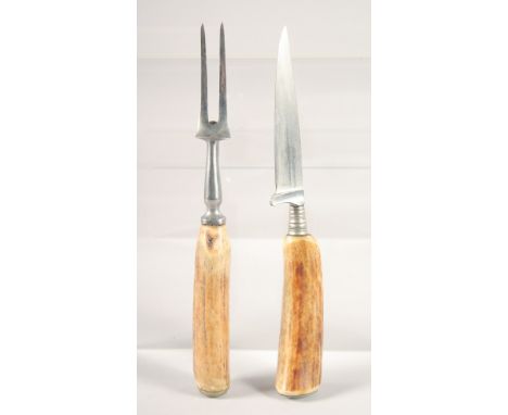  AN ANTLER HANDLE KNIFE AND FORK, 8" long.