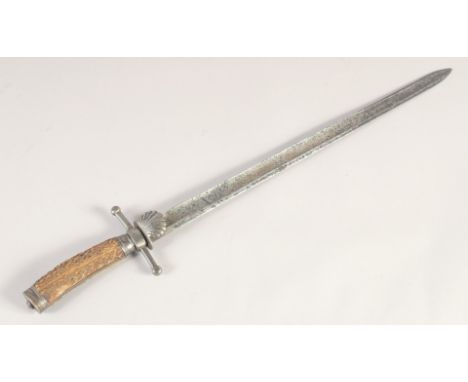 A HUNTING DIRK, early 19th century, slender single edged fullered blade, small shell guard &amp; straight quillons, stag horn