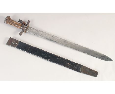 A FINE GERMAN HUNTING HANGER, early 19th century, wide single edged spear tipped blade finely etched with trophies of arms &a