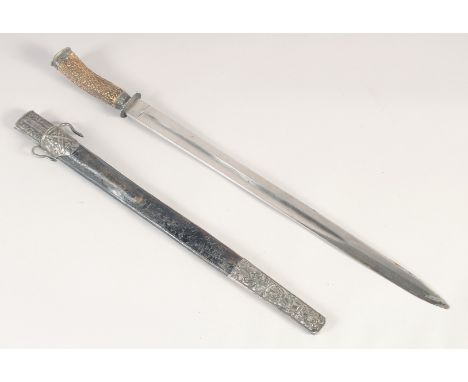 A GERMAN HUNTING DIRK, mid-19th century, straight fullered blade, stag horn grip with iron mounts, in its embossed iron mount