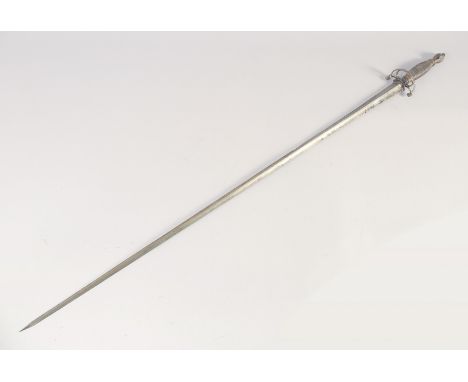 A SMALL SWORD, early 18th century, slender etched blade of hollow triangular section, steel downturned quillons with side rin
