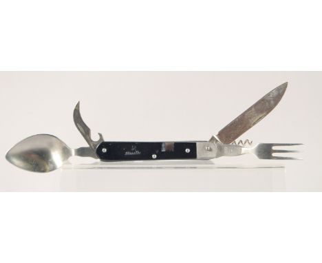 A TRAVELLING FOLDING KNIFE, FORK, AND SPOON, 4.5" long.