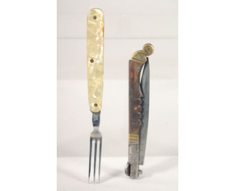 A MOTHER OF PEARL TRAVELLING FORK "AITOR", and a folding knife.