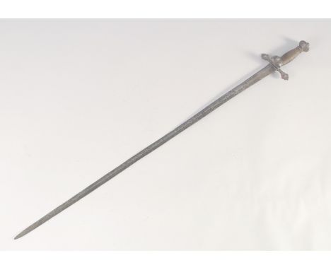 A RIDING SWORD, early 18th century, narrow diamond section double edged straight blade, cruciform quillon with side ring, bun