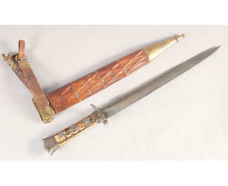 A GERMAN HUNTING DIRK, mid-19th century, stiff fullered spear pointed blade with gold inlaid running wolf mark, stag horn sca