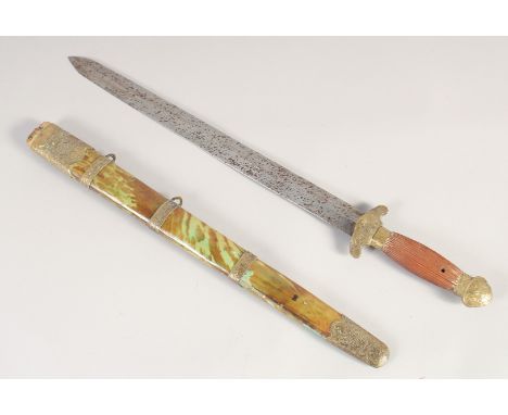 A CHINESE SHORT SWORD, late 19th century double edged blade, brass mounts with fluted grip, brass mounted tortoiseshell scabb