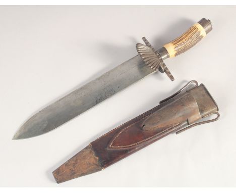 A EUROPEAN HUNTING DIRK, mid-19th century, wide straight heavy blade with maker's mark 'K Gorzerbrae', reeded steel shell gua