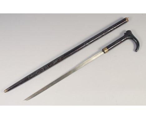 A JAPANESE SWORD STICK, late19th century, single edged 16in sword blade, in foliate carved cane with curved handle carved wi