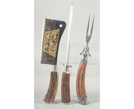 SOLINGEN GERMANY, an antler handle chopper-cleaver and a knife sharpener and fork, (3).