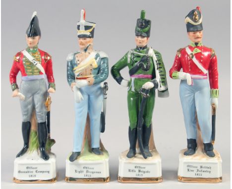A SET OF FOUR PORCELAIN FIGURES, Officer British Line Infantry 1815, Light Dragoon, Grenadier Company 1819, Rifle Brigade, 8"