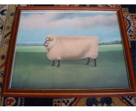 A print depicting a sheep in a field. 50 x 39cm. 