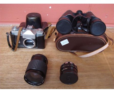 A pair of Dollond binoculars in a cowhide case together with a Zenit-B camera (in case) with two lenses, Super Paragon PMC2 A