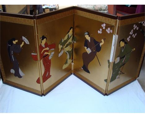 A Japanese four panel folding room screen, two panels with figures playing the shamisen and the other two showing figures wit
