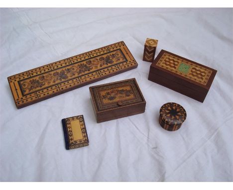 A Tunbridge ware cribbage board (two feet off), a tunbridge ware trinket box, a Tunbridge ware trinket box with lift up top, 