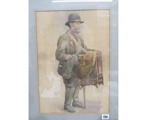 PORTRAIT, unsigned watercolour "Study of the Hurdy Gurdy Man", 17" x 12" 