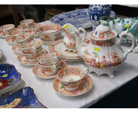 19th CENTURY STAFFORDSHIRE, chinoiserie pattern tea service, possibly Hilditch, consisting of 11 cups, 10 saucers, tea pot, p