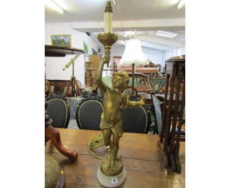 LIGHTING, vintage gilt cherub support table light on white circular alabaster base, 34" height (1 finger of cherub missing) 