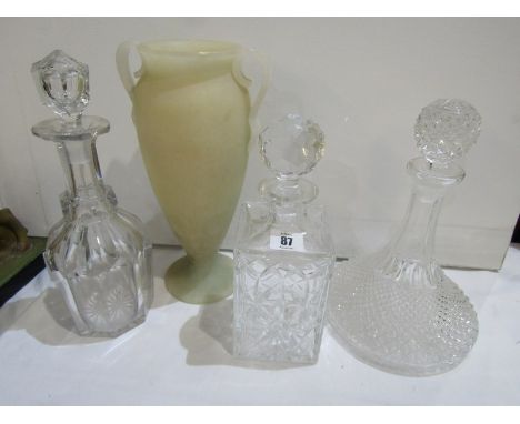 DECANTERS, Victorian cut glass octagonal bodied decanter and stopper (rim chips) also square base whisky decanter, moulded gl