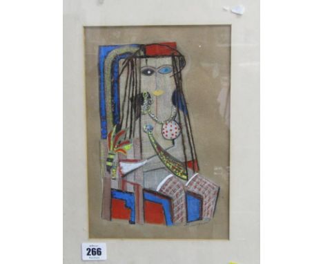 ABSTRACT PORTRAIT, "Mixed Media", portrait of "Seated Woman" signed Thurgood, 10" x 7" 