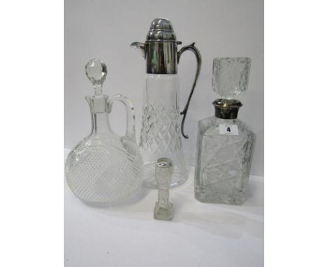 CUT GLASS, HM silver collared square base whisky decanter, 12.5" height, also plated mount cut glass claret jug, 13" height, 