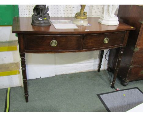 GEORGIAN DESIGN SIDE TABLE, mahogany bow fronted 2 drawer side table, tapering turned legs with brass ring drop handles, 47" 