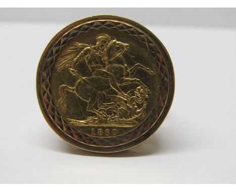 FULL SOVEREIGN RING, Sovereign coin circa 1880 in 9ct yellow gold setting, approximately 14.8 grms, size Q 