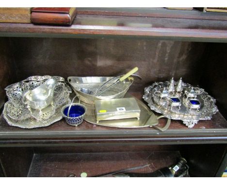 2 SILVER PLATE GEORGIAN DESIGN SERVING TRAYS, 6 piece condiment set, oval fluted bread basket and contents of shelf 