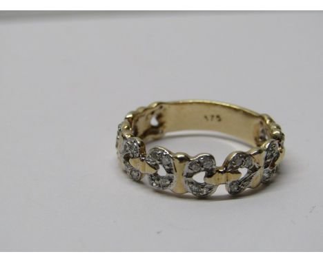 9CT YELLOW GOLD DIAMOND SET 3/4 ETERNITY STYLE RING, unusual pattern, size N 