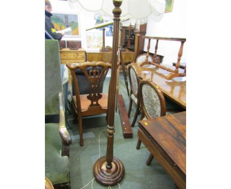 VINTAGE STANDARD LAMP, circular base fluted mahogany column standard lamp and shade 