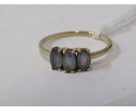 GOLD DRESS RING, 10ct yellow gold 3 stone dress ring, ring set 3 pale blue stones, size Q 