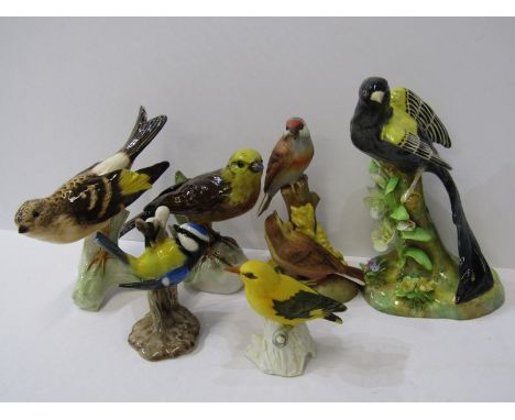 BIRD GROUPS, Crown Staffordshire "Widow" 6.5" height, Goebel "Yellow Hammer" and "Brambling", together with 3 other similar p