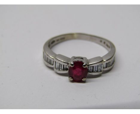 14CT WHITE GOLD RUBY &amp; DIAMOND RING, principal oval cut ruby measuring approximately .59 of a carat, with bagette cut dia