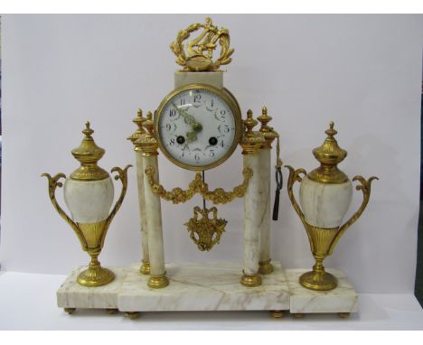 FRENCH CLOCK GARNITURE, veined marble column support mantel clock with matching vase ornaments, floral swag painted face with