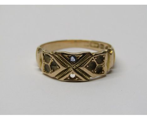 15CT YELLOW GOLD RING, set with 1 small sapphire (missing other stones) approximately 3.4 grms in weight 