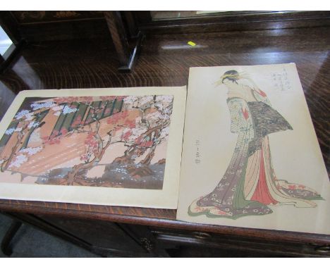 JAPANESE ART, 2 coloured wood block prints "Portrait of Geisha and Blossom Time", 15" x 9.5" 