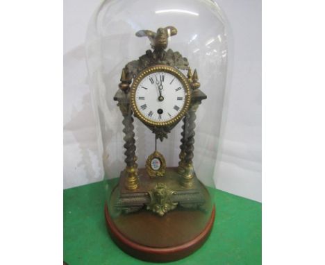 FRENCH CLOCK, 19th Century mantel clock on 4 writhen column supports with gilt bird cresting under glass dome stand, 17" over