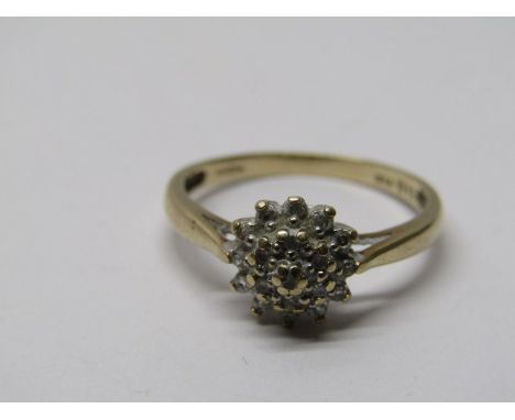 9CT YELLOW GOLD DIAMOND CLUSTER RING, 0.10ct of diamond, size L 