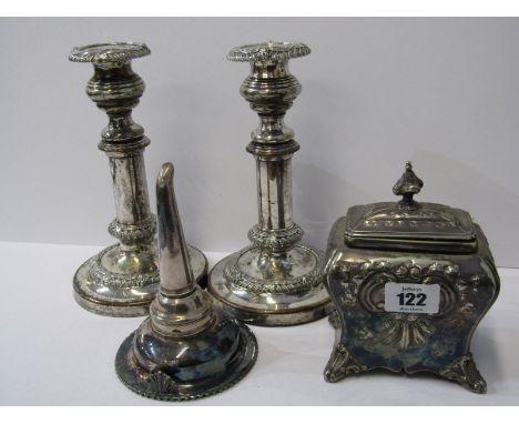 SILVERPLATE, pair of Georgian Sheffield plate circular base telescopic candlesticks, 10" height; also antique plated wine dec