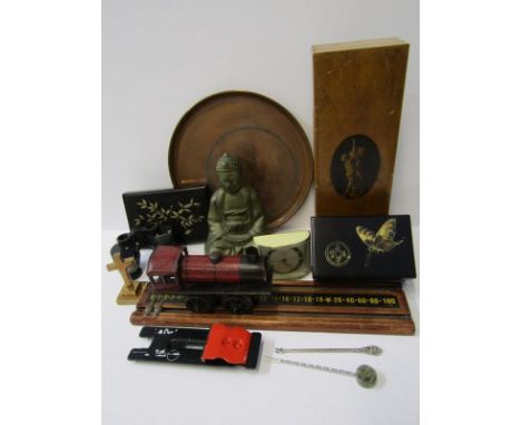 MAUCHLINE GLOVE BOX, early clockwork locomotive (requires restoration), billiard score board and contents of shelf 