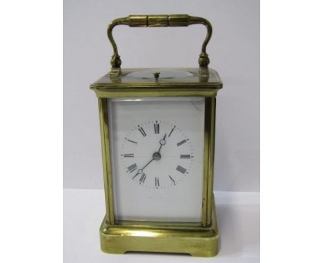 CARRIAGE CLOCK, brass bevelled glass coiled bar strike, repeater carriage clock, 5.25" height (corner crack to enamel face) 