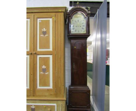 EARLY 19TH CENTURY 8 DAY LONGCASE CLOCK, painted break arch face with floral cresting, plain mahogany casing with eagle ball 