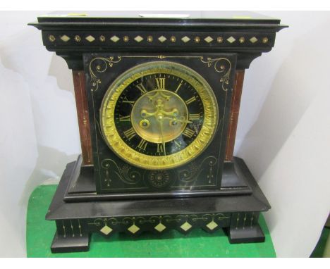 VICTORIAN MANTEL CLOCK, black marble open brocote escapement mantel clock, 14" height with gilded and inlaid details 