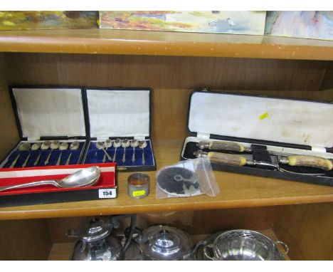 CUTLERY, cased antler handled carving set, HM silver serviette ring, vintage compact and other cutlery 
