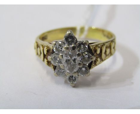 19ct YELLOW GOLD DIAMOND CLUSTER RING, principal marcasite cut diamond surrounded by 8 brilliant cut diamonds in 18ct yellow 