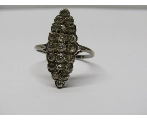 WHITE GOLD &amp; DIAMOND NAVETTE STYLE RING, white gold tests as 18ct with navette of diamonds, totalling in excess of 1ct, s