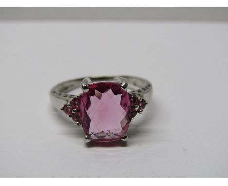 9CT WHITE GOLD PINK TOURMALINE RING, principal cushion cut double facetted pink tourmaline, measuring in excess of 2ct with f